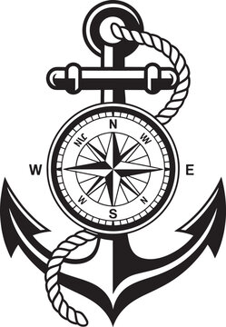 Anchor and compass with rope, nautical symbol for sea travel, maritime adventure, seafaring life, vintage style.