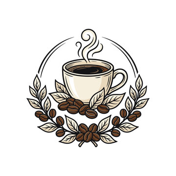 Circular coffee emblem with cup and coffee beans wreath.