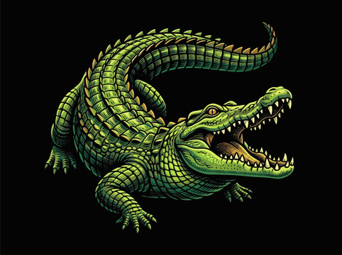 Green Crocodile Illustration with Open Jaws and Sharp Teeth on Black Background