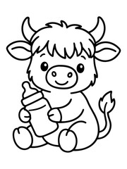 Fototapeta premium Baby yak with milk bottle: A cute, cartoon-style illustration of a baby yak sitting and holding a milk bottle, with a sweet and innocent expression.