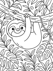 Fototapeta premium Happy Sloth Hanging on a Branch: A cute, smiling sloth hangs from a tree branch amidst lush jungle foliage, rendered in a simple, charming outline style, perfect for coloring.