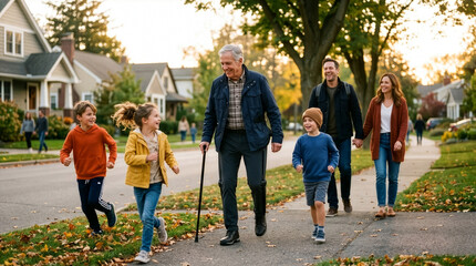 Fototapeta premium Intergenerational Family Enjoying Autumn Stroll Senior Citizen Grandchildren and Parents