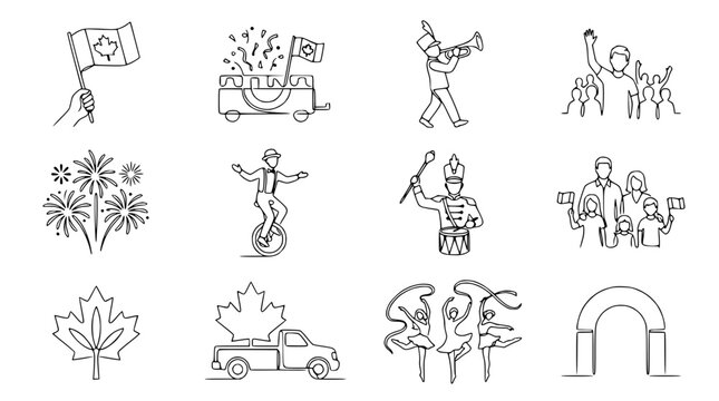 Canada Day Celebration Icons: Parade, Fireworks, Maple Leaf, Family, Marching Band