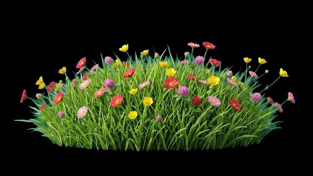 A vibrant patch of green grass filled with blooming red, yellow, and pink wildflowers swaying gently. The fully animated botanical element is isolated against a solid black background for custom layer
