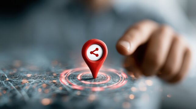A hand points towards a glowing, futuristic map with a red location pin symbolizing social sharing and digital connectivity.