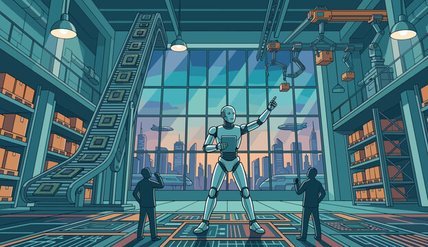 Flat vector illustration of a humanoid robot concept.
