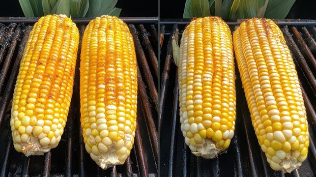 Corn Cobs Grilling on a Barbecue Grill Side by Side