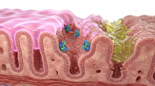 3D Microscopic Diagram of NSAIDs Inhibiting Gastric Mucus Production