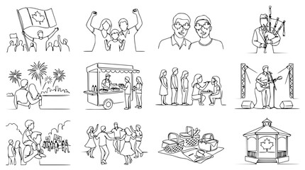 Obraz premium Canada Day Celebration Line Art Collection: Festival, Picnic, Music, Fireworks