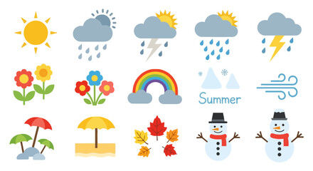 Fototapeta premium Weather and seasonal icons set with sun rain and snowman