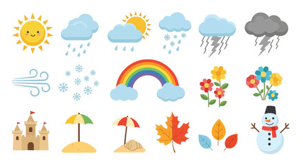 Fototapeta premium Cute weather and seasonal icons for children education