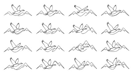 Geese Flying Over Mountain Peaks - Minimalist Line Art Illustration © Qita