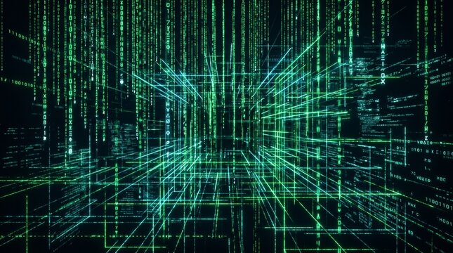 Glowing Green Binary Code Streams in Three-Dimensional Grid, Futuristic Cyberspace Visualization of Digital Data Flow and Virtual Connectivity, 32K Revolution