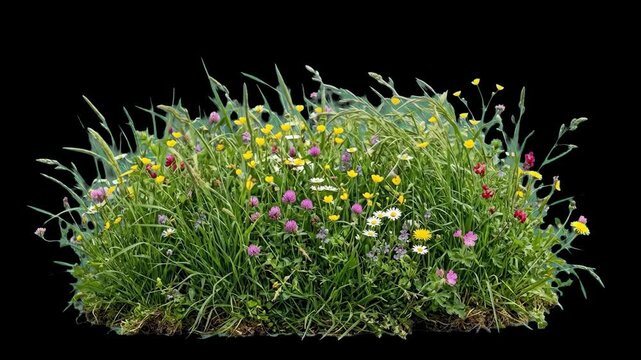 A realistic 3D animated patch of green grass filled with blooming colorful wildflowers sways gently. This botanical meadow asset is isolated on a solid black background.