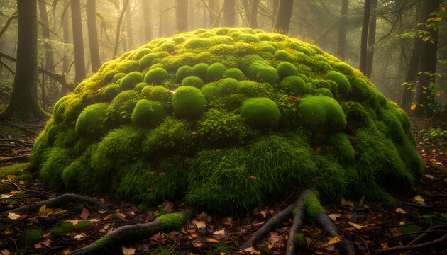 Lush green moss growing on forest floor creating organic mounds