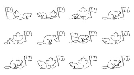 Canadian Beaver and Maple Leaf Flag Animation Sequence - Line Art Icons © Qita