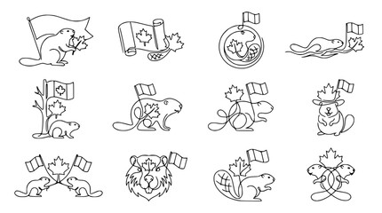 Canadian Beaver Icons: Maple Leaf, Flag, Holiday Symbols - Line Art Collection © Qita