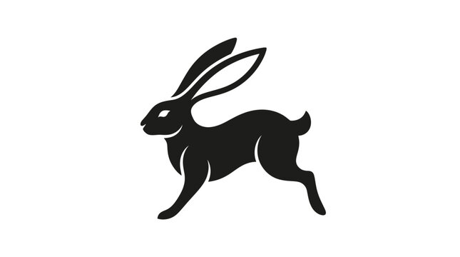 Minimalist black silhouette of a running hare in profile.