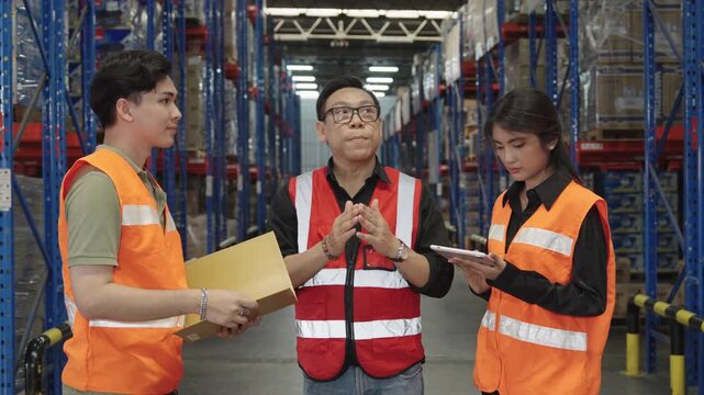 Three Asian employees conduct warehouse inspection reviewing document and tablet with high-visibility vests during bright industrial operations for safety protocol assessment within well-lit warehouse