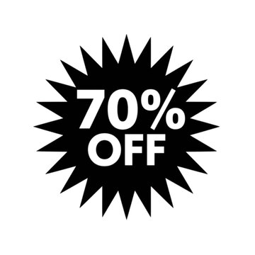 Seventy Percent Off Starburst: A stark black starburst graphic boldly displays 70% OFF in crisp white text, indicating a significant discount.