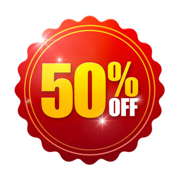 50% Off Discount Badge: A vibrant red circular badge featuring a jagged edge and a prominent 50% OFF text in striking yellow and white colors, symbolizing a special sale or offer.