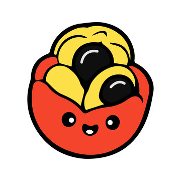Cute ackee fruit mascot logo with whimsical vector illustration elements, bold outlines, bright flat colors, and an adorable kawaii cartoon style
