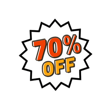 Sale Burst 70% Off: A vibrant starburst graphic prominently displays 70% OFF in bold, eye-catching orange and yellow text, signifying a significant discount and sale.