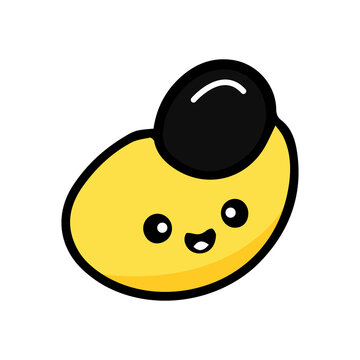 Cute ackee fruit mascot logo with whimsical vector illustration elements, bold outlines, bright flat colors, and an adorable kawaii cartoon style