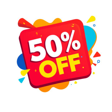 50% Off Sale Graphic: A vibrant and dynamic graphic displays a bold 50% OFF message, surrounded by colorful abstract shapes and confetti, perfect for announcing discounts and promotions.