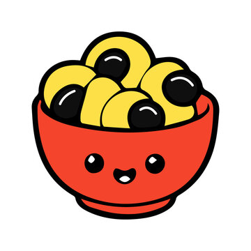Cute ackee fruit mascot logo with whimsical vector illustration elements, bold outlines, bright flat colors, and an adorable kawaii cartoon style