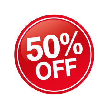 50% Off Sale Button: A vibrant red circular button prominently displaying 50% OFF in bold white lettering, signifying a significant discount for shoppers.