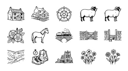 British Countryside Icons: Sheep, Horse, Cottage, Train, Flowers, Yorkshire Rose, Hiking Gear © Ceblok