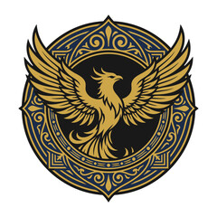 Fototapeta premium Golden phoenix bird emblem on dark ornate circular background.