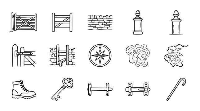 Countryside Icons: Gates, Walls, Compass, Boot, Key, Cane, Stone Posts, Map