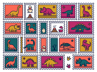 Flat Vector Illustration of Colorful Dinosaur Postage Stamps Collection © Prayitno