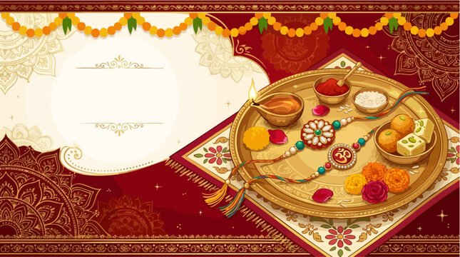 Raksha Bandhan Celebration Tray: A traditional thali laden with rakhi, sweets, and pooja essentials, elegantly set against a vibrant red and gold backdrop, embodying the sacred bond of sibling love.
