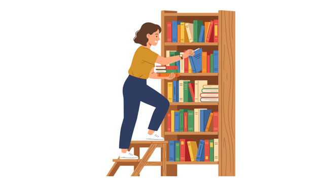 Woman Reaching for Book on Tall Bookshelf Using Step Stool