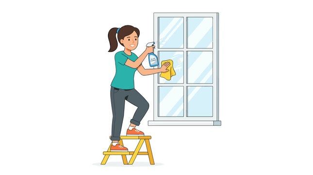 Woman cleaning windows with spray bottle and cloth on a step stool