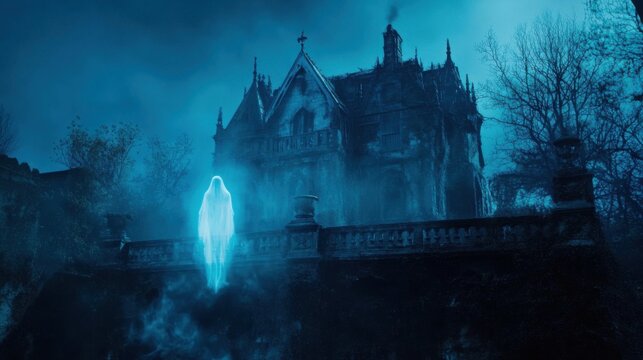 Ghostly Apparition Haunting an Old Gothic Mansion