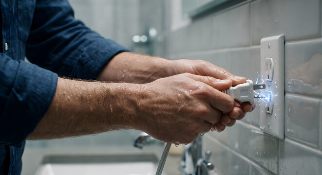 Dangerous electrical shock hazard with wet hands plugging cord into wall outlet in bathroom showing water and electricity safety risks.