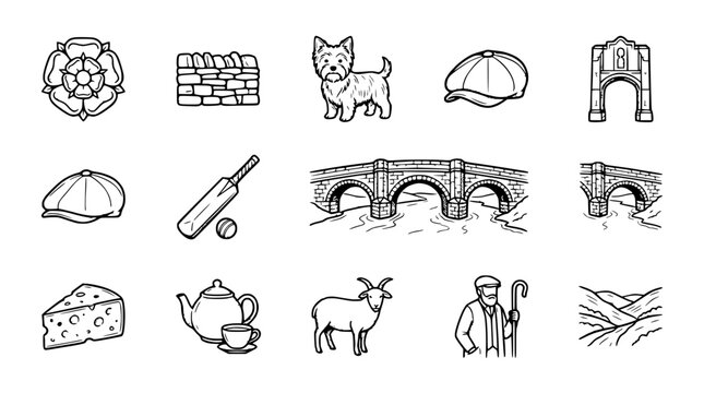Yorkshire Icons: Rose, Terrier, Cricket, Cheese, Farming, Landscape, Bridge, Architecture, Tea, Cap