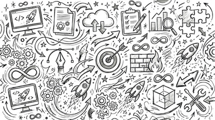 Fototapeta premium Software development and project management hand drawn sketches with software development programming management planning technical internet innovation strategy workflow automation