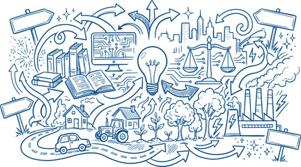 Fototapeta premium Sustainable development and life choices concept illustration with sustainable development environment decision lightbulb industry agriculture planning thinking transport progress