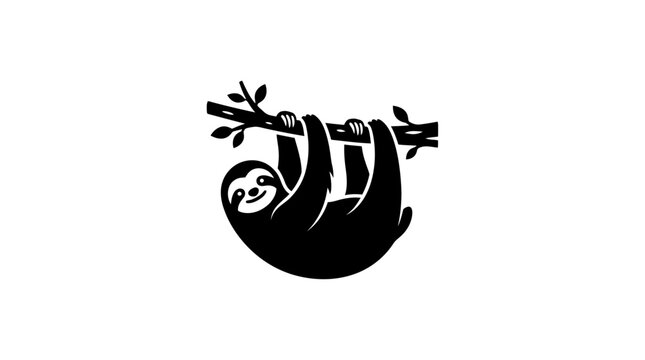 Minimalist black silhouette of a cute sloth hanging from a tree branch.