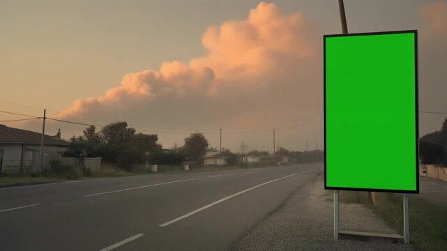 Empty Green Screen Billboard Standing by Rural Roadside at Golden Hour with Dramatic Clouds in Sky