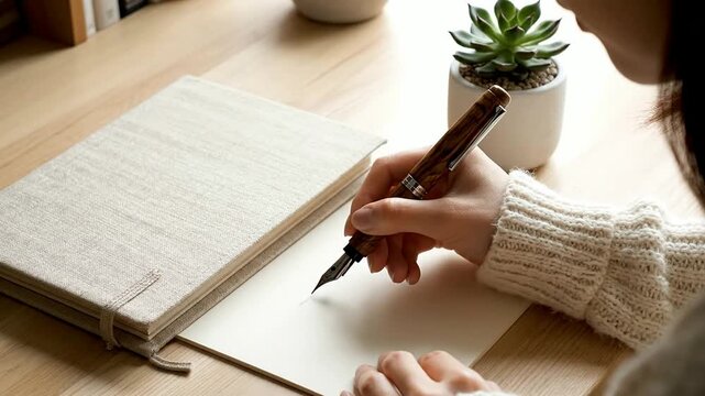 Over-The-Shoulder View of a Person Writing in a Blank Linen-Bound Journal with a Wooden Pen and Succulent Plant on a Wooden Desk in a Cozy Workspace