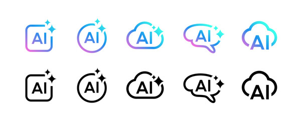Fototapeta premium ollection of modern AI logo icons featuring innovative technology symbols, artificial intelligence concepts, neural networks, automation, and futuristic digital branding elements