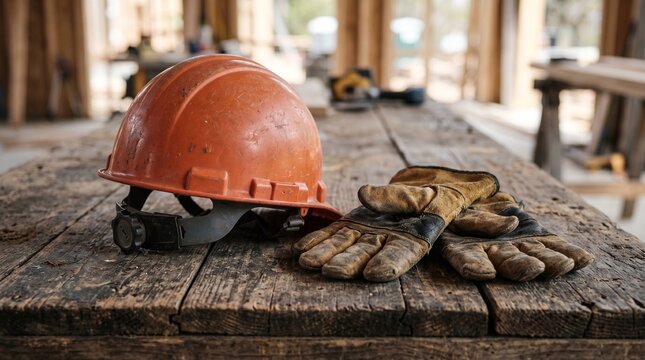 A construction worker's orange hard hat and brown work gloves are on a rustic wooden table.