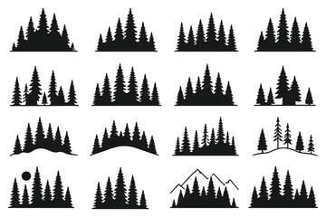 Obraz premium Forest of Christmas fir trees vector icon set. A collection of various black and white silhouette illustrations of pine trees in different sizes and arrangements. various christmas tree silhouette. 