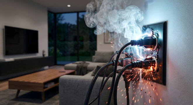 Overloaded electrical outlet sparking and smoking inside modern living room with multiple plugs creating fire hazard in domestic apartment.